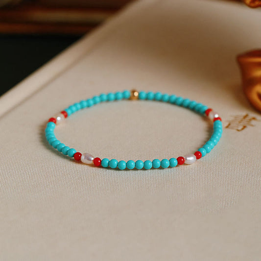 Buddhist Blessing Turquoise Red Agate Pearl Small Beaded Protection Bracelet