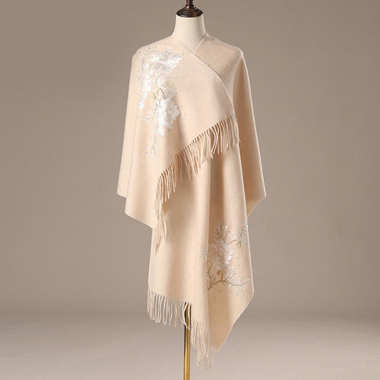 Buddhist Blessing Wool Shawl White Flower Embroidery Tassel Winter Cozy Travel Scarf Wrap