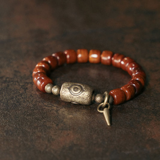 Buddhist Blessing Bone Beads Dzi Shape Copper Cone Pendant Strength Bracelet