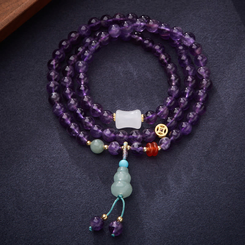 Buddhist Blessing Natural Amethyst Beads Coin Hanging Gourd Chalcedony Lotus Balance Multi-layer Bracelet