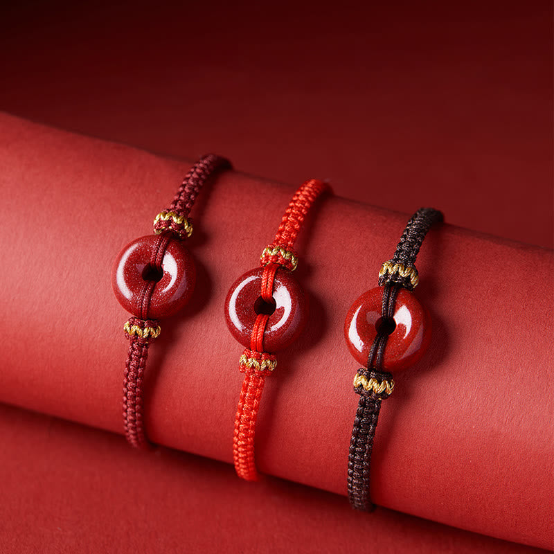 Buddhist Blessing Handmade Cinnabar Round Peace Buckle Concentration Braided Bracelet