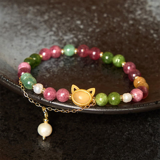 Buddhist Blessing Colorful Tourmaline Lucky Cat Positive Bracelet