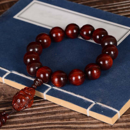 Buddhist Blessing Small Leaf Red Sandalwood Laughing Buddha God of Wealth Protection Bracelet