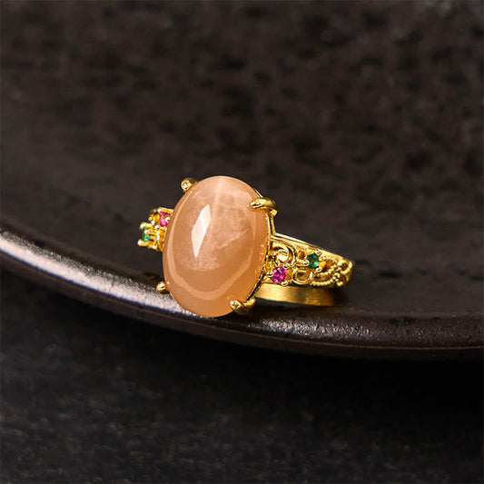 Buddhist Blessing Hollow Vine Design Peach Moonstone Adjustable Happiness Ring