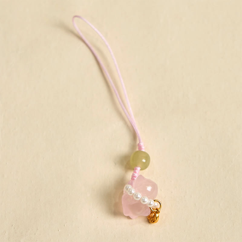 Buddhist Blessing Pink Crystal Amethyst Citrine Pearl Fu Character Lucky Kitten Warmth Phone Hanging Decoration