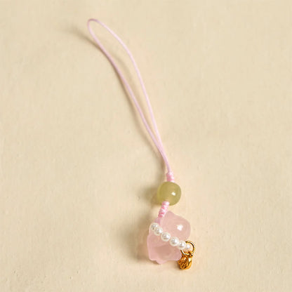 Buddhist Blessing Pink Crystal Amethyst Citrine Pearl Fu Character Lucky Kitten Warmth Phone Hanging Decoration