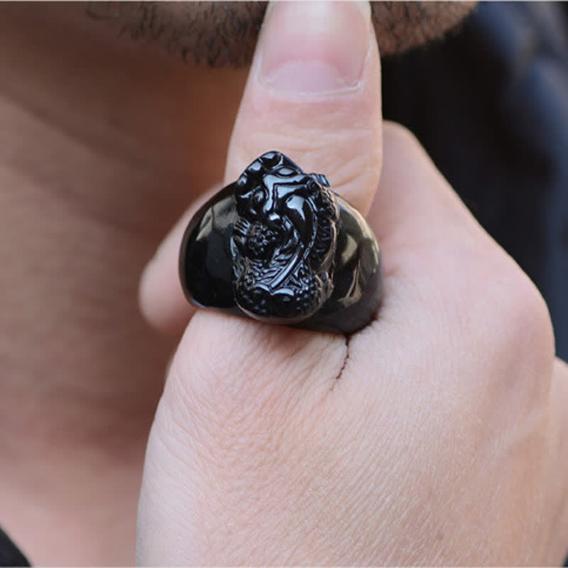 Buddhist Blessing FengShui PiXiu Black Obsidian Strength Ring