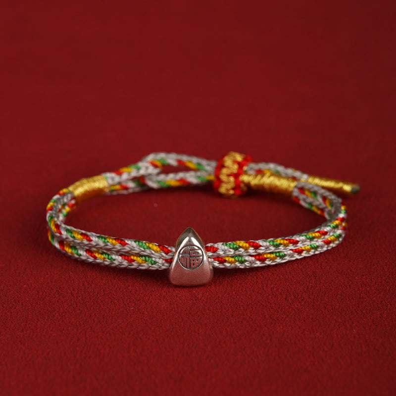 Buddhist Blessing 925 Sterling Silver Fu Character Luck Multicolored Rope Bracelet
