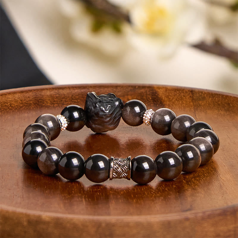 Buddhist Blessing Natural Silver Sheen Obsidian Lion Dance Protection Bracelet