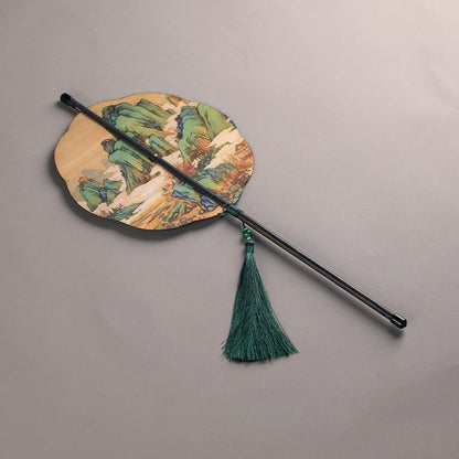 Buddhist Blessing Handmade Bamboo Thousand Miles of Rivers and Mountains Long Handle Portable Curlable Fan