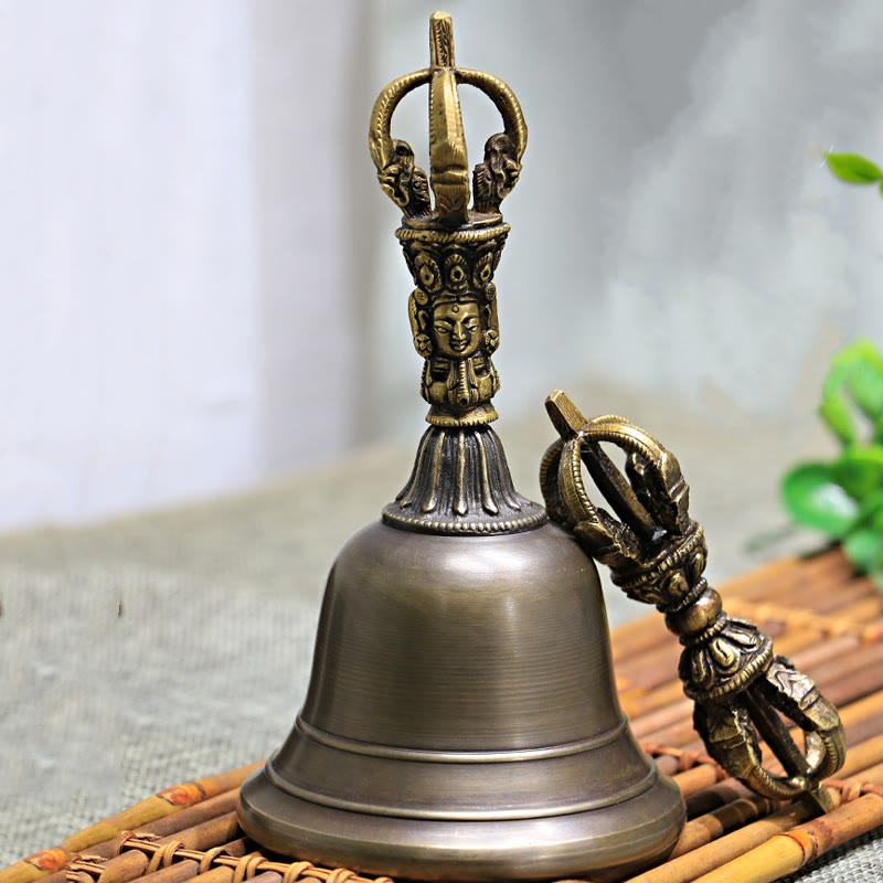 Buddhist Blessing 2Pcs Handmade Tibetan Meditation Bell and Vajra Dorje Copper Strength Decoration Set