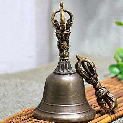 Buddhist Blessing 2Pcs Handmade Tibetan Meditation Bell and Vajra Dorje Copper Strength Decoration Set