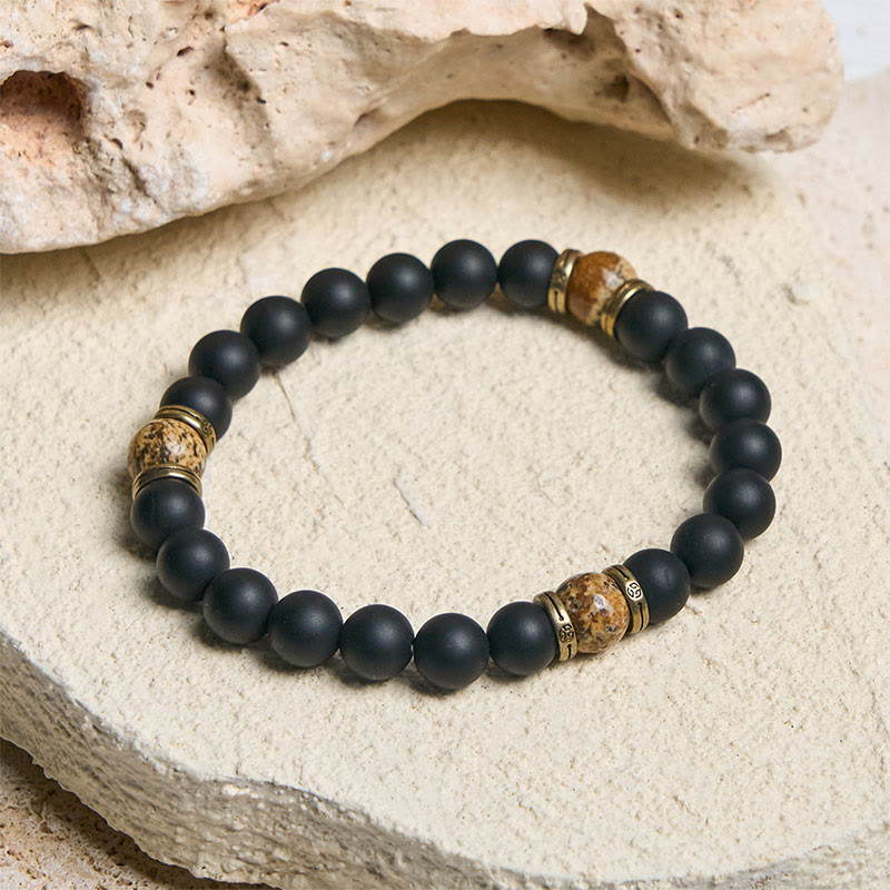 Buddhist Blessing Natural Frosted Black Onyx Picture Jasper Fortune Bracelet