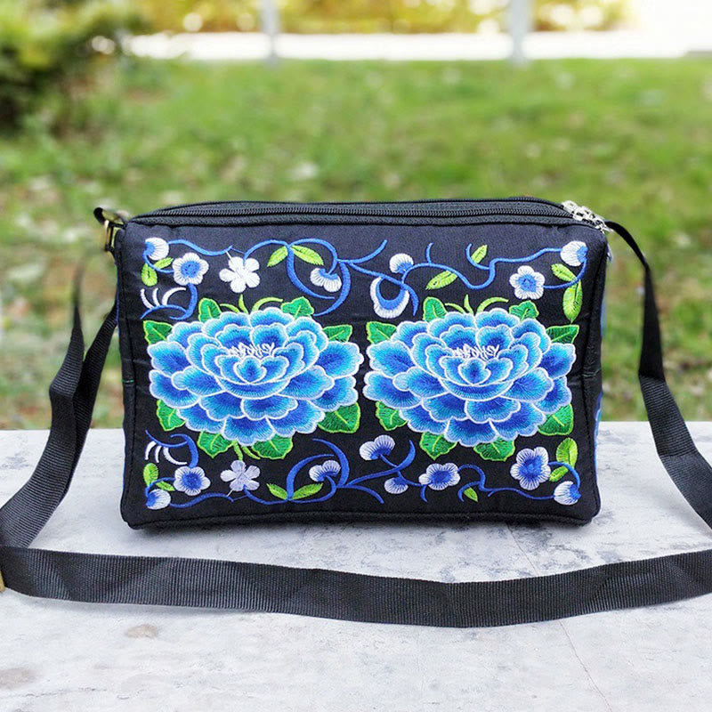 Buddhist Blessing Galsang Inula Flower Peony Peacock Double-Sided Embroidery Canvas Shopping Purse Handbag Crossbody Bag
