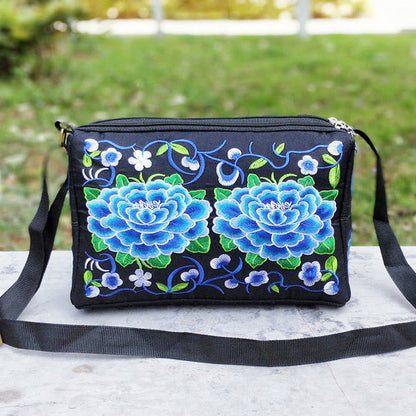 Buddhist Blessing Galsang Inula Flower Peony Peacock Double-Sided Embroidery Canvas Shopping Purse Handbag Crossbody Bag