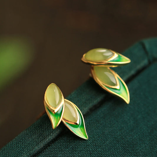Buddhist Blessing 925 Sterling Silver Jade Leaf Prosperity Earrings