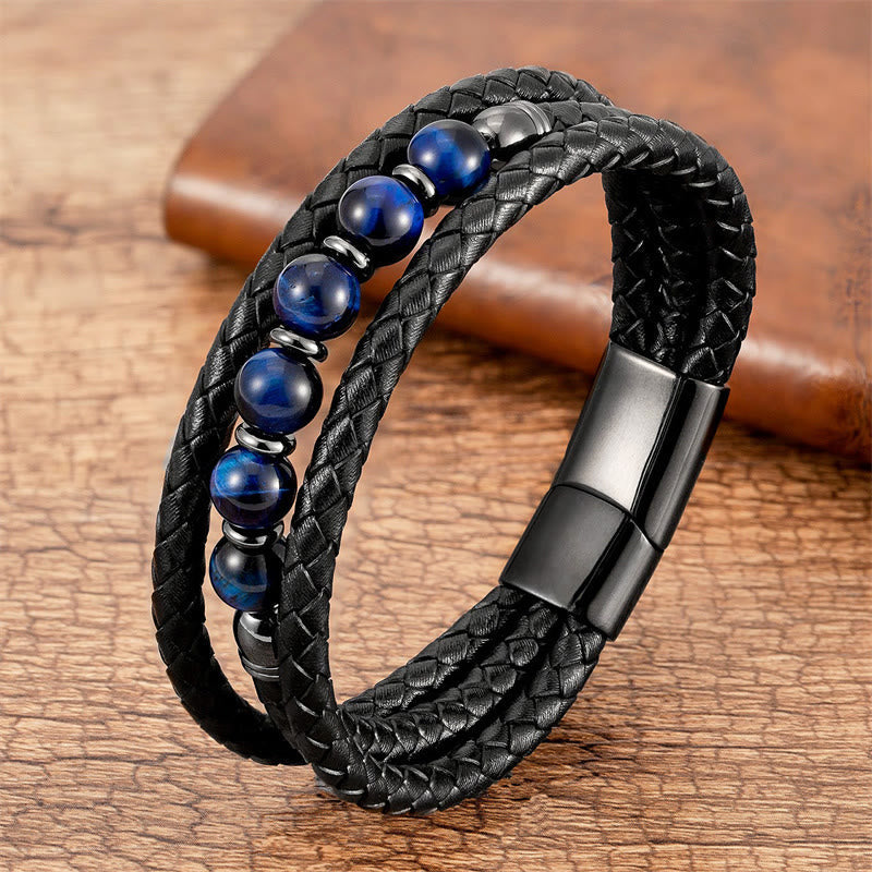 Buddhist Blessing Tiger Eye Lava Rock Hematite Black Onyx Bead Positive Leather Bracelet