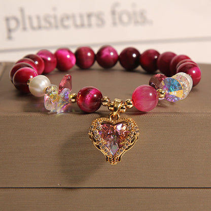 Buddhist Blessing Red Tiger Eye Citrine Amethyst Heart Calm Bracelet