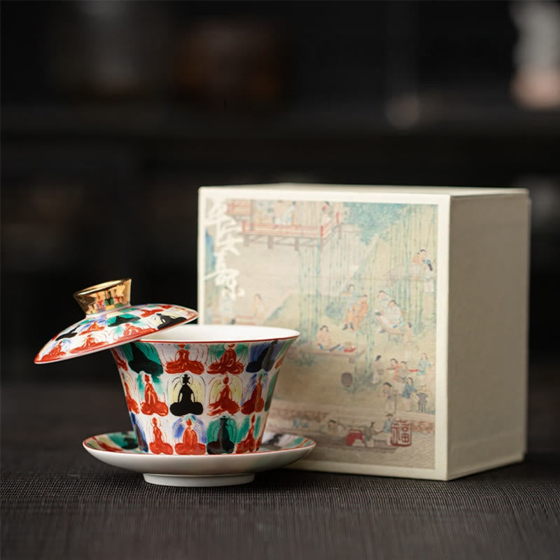 Buddhist Blessing Thangka Dragon Buddhas Dunhuang Ceramic Gaiwan Sancai Kung Fu Tea Cup And Saucer With Lid Gift Box 180ml