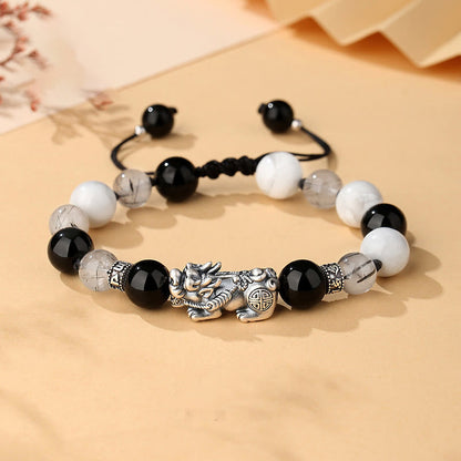 Buddhist Blessing Pi Xiu Six True Words 999 Sterling Silver Black Obsidian White Turquoise Chrysoberyl Luck Bracelet