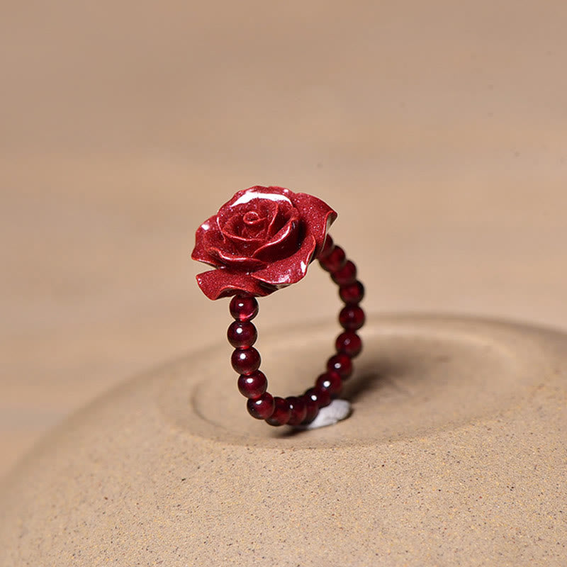 Buddhist Blessing Cinnabar Rose Garnet Beads Concentration Ring
