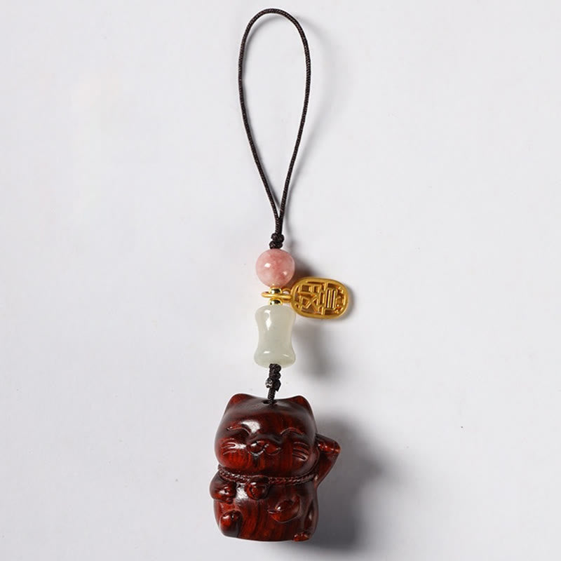 Buddhist Blessing Small Leaf Red Sandalwood Green Sandalwood Sandalwood Lucky Cat Protection Key Chain Phone Hanging Decoration