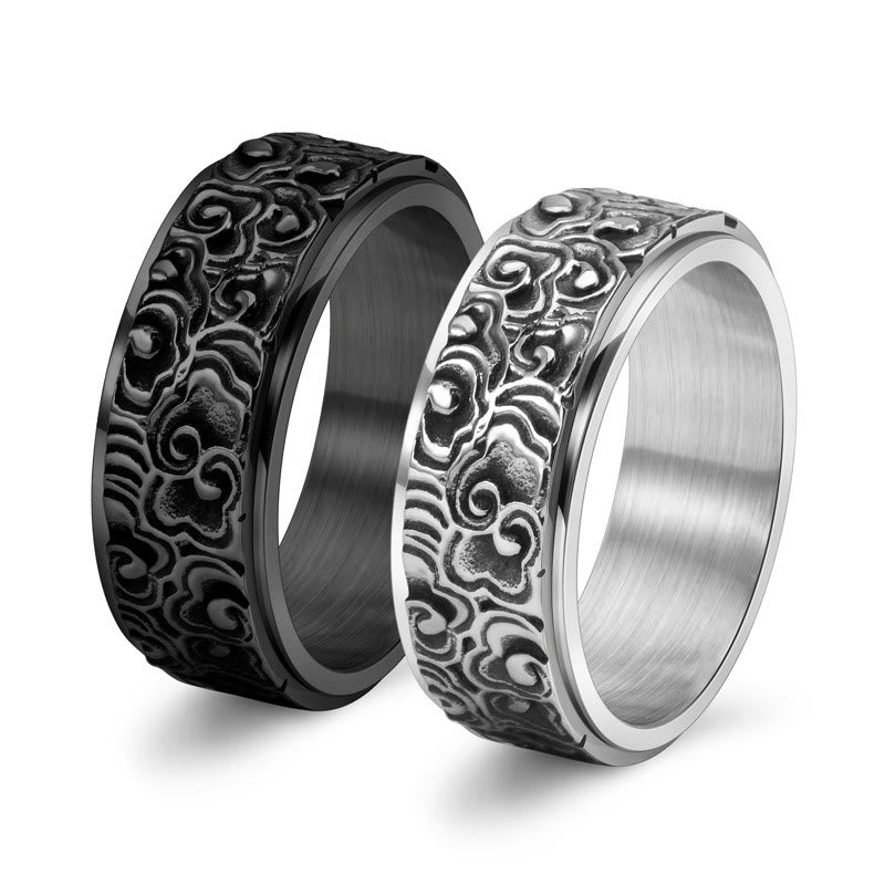 Buddhist Blessing Auspicious Clouds Pattern Carved Titanium Steel Balance Rotatable Ring