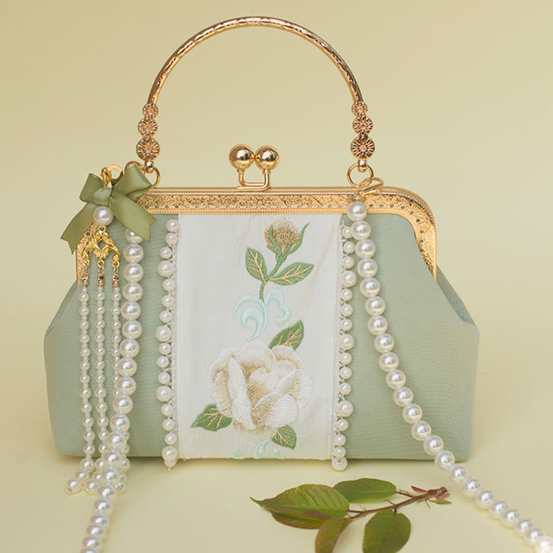 Buddhist Blessing Double-sided Flowers Embroidery Pearl Pendant Metal Chain Crossbody Bag Handbags