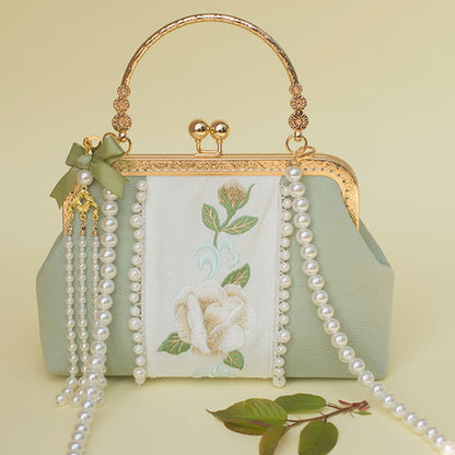 Buddhist Blessing Double-sided Flowers Embroidery Pearl Pendant Metal Chain Crossbody Bag Handbags