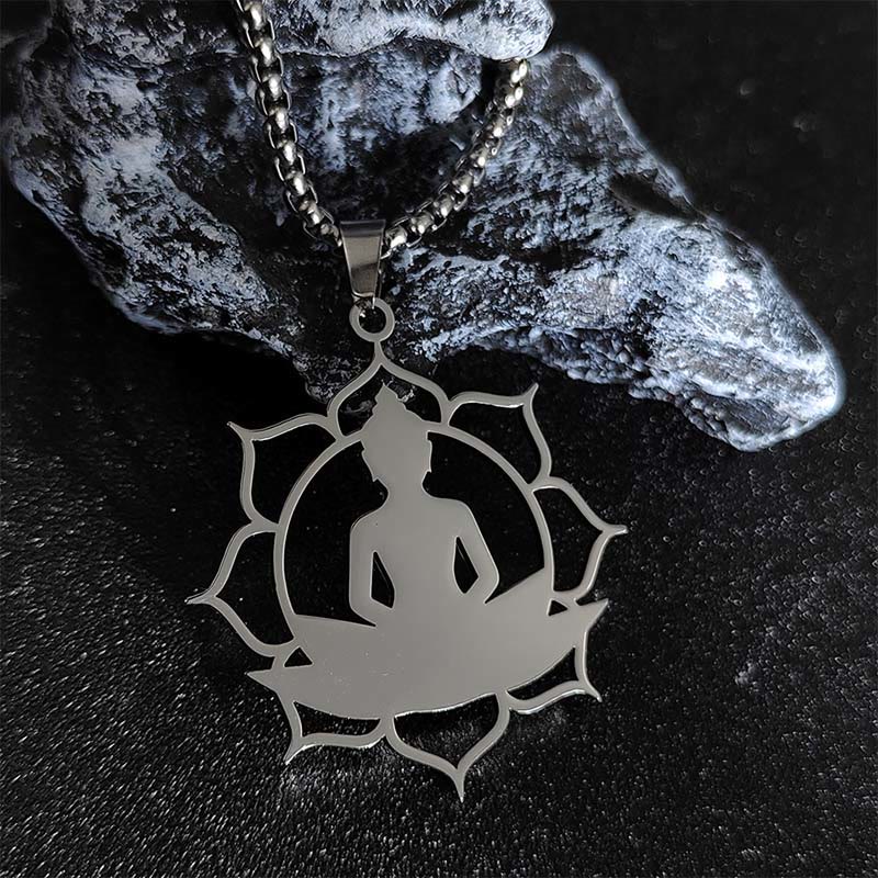 Buddhist Blessing Vintage Lotus Sitting Buddha Design Stainless Steel Enlightenment Necklace Pendant