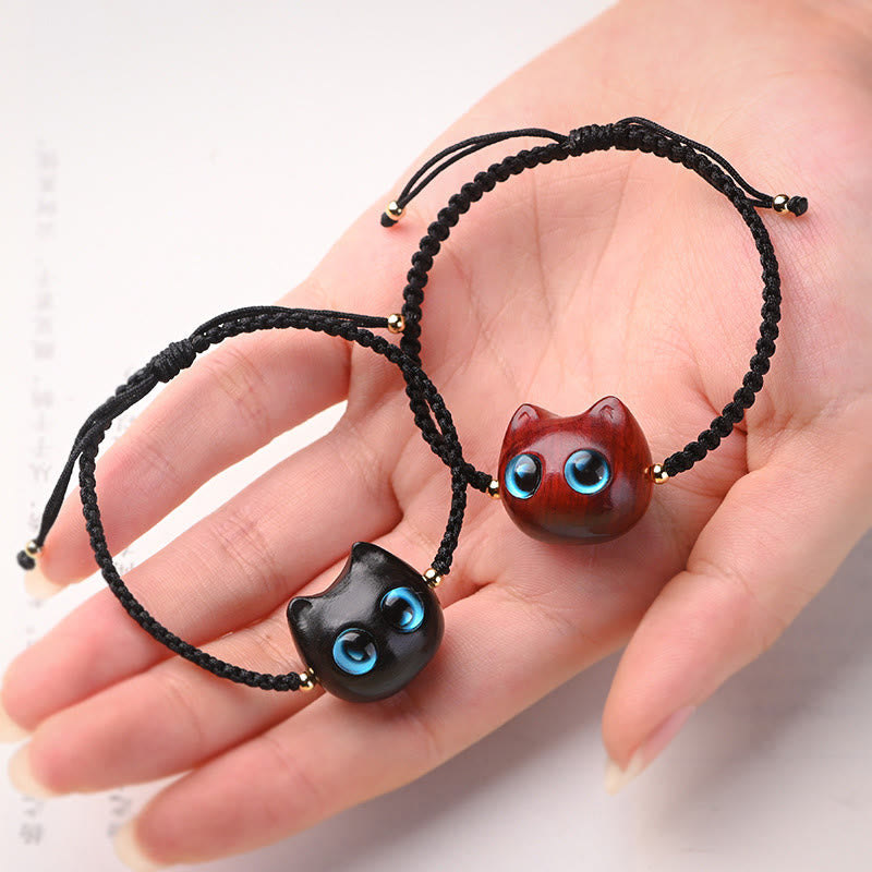 Buddhist Blessing Small Leaf Red Sandalwood Ebony Wood Cute Cat Head Calm Protection Braided Bracelet