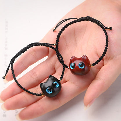 Buddhist Blessing Small Leaf Red Sandalwood Ebony Wood Cute Cat Head Calm Protection Braided Bracelet