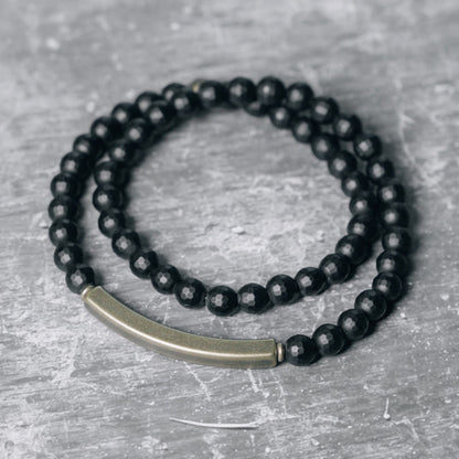 Buddhist Blessing Frosted Cut Surface Black Onyx Copper Brass Double Wrap Protection Bracelet