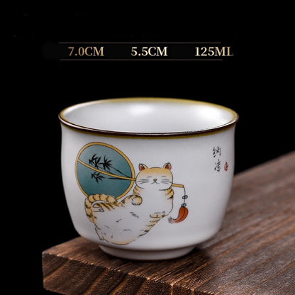 Buddhist Blessing Cute Lying Cat Branches Teacup Kung Fu Tea Cup With Gift Box
