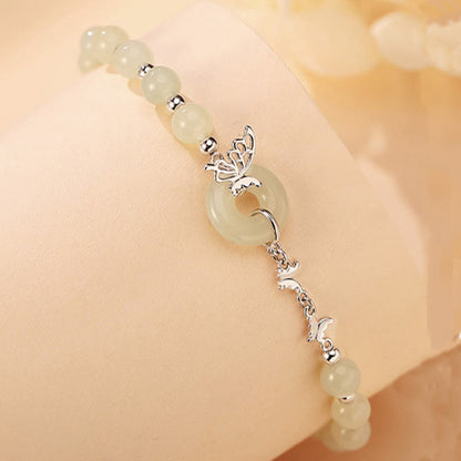 Buddhist Blessing 925 Sterling Silver Natural Hetian Jade Peace Buckle Butterfly Luck Prosperity Bracelet Necklace Pendant