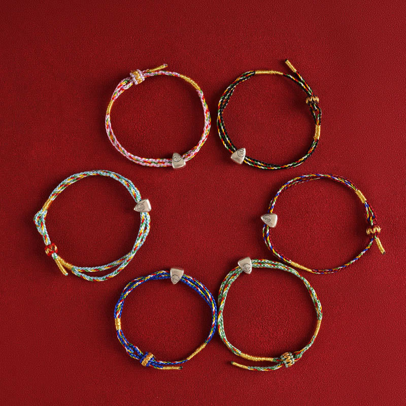 Buddhist Blessing 925 Sterling Silver Fu Character Luck Multicolored Rope Bracelet