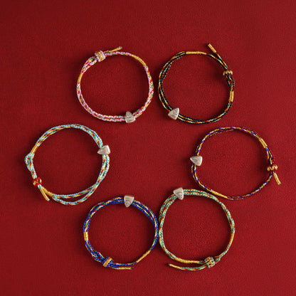 Buddhist Blessing 925 Sterling Silver Fu Character Luck Multicolored Rope Bracelet