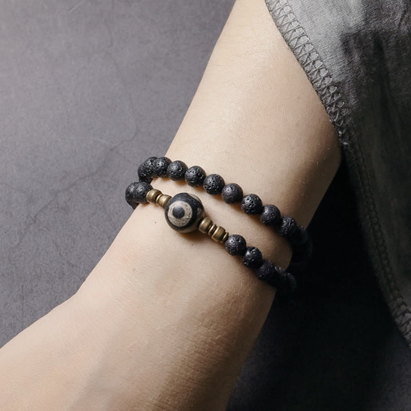 Buddhist Blessing Vintage Lava Rock Three-eyed Dzi Bead Copper Brass Beads Double Wrap Healing Bracelet