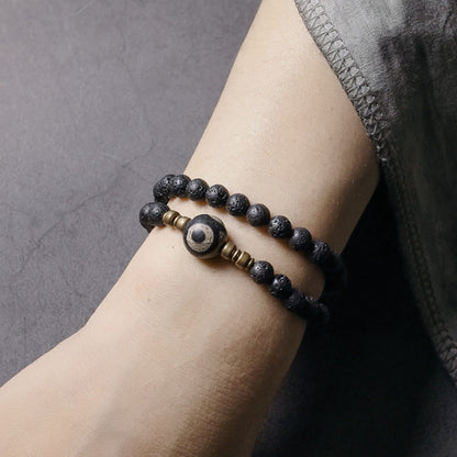 Buddhist Blessing Vintage Lava Rock Three-eyed Dzi Bead Copper Brass Beads Double Wrap Healing Bracelet