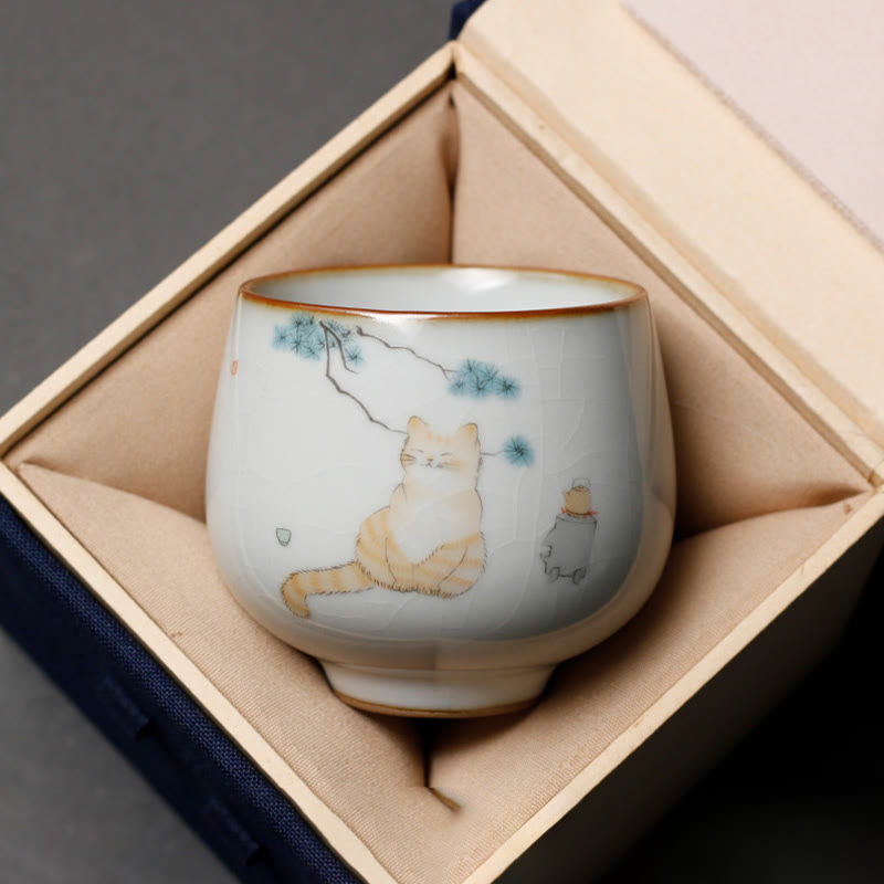 Buddhist Blessing Cute Cat Branches Teacup Kung Fu Tea Cup With Gift Box