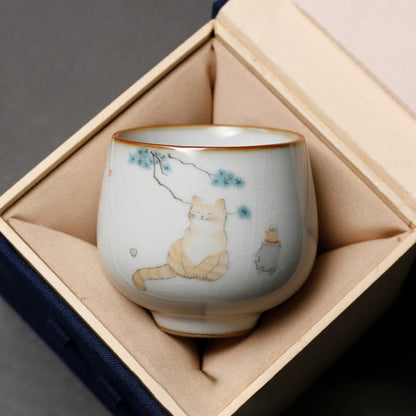Buddhist Blessing Cute Cat Branches Teacup Kung Fu Tea Cup With Gift Box