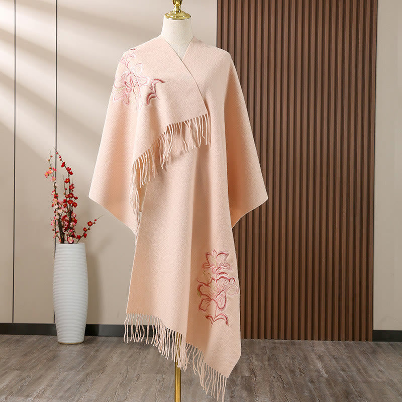 Buddhist Blessing Wool Shawl Lily Embroidery Tassel Winter Cozy Travel Scarf Wrap