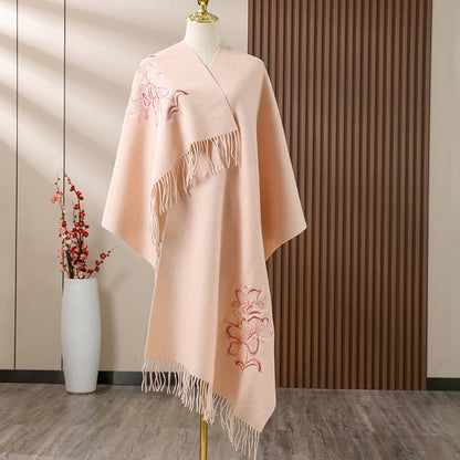 Buddhist Blessing Wool Shawl Lily Embroidery Tassel Winter Cozy Travel Scarf Wrap