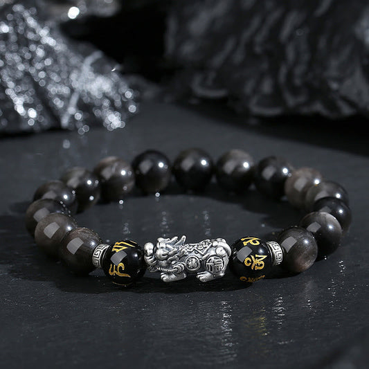 Buddhist Blessing 999 Sterling Silver PiXiu Natural Black Obsidian Strength Bracelet
