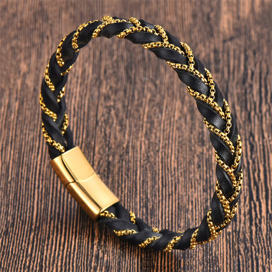 Buddhist Blessing Simple Design Titanium Steel Calm Braided Leather Buckle Bracelet