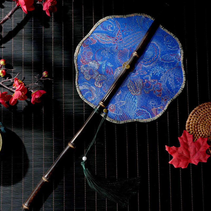 Buddhist Blessing Handmade Shell Scales Leaves Epiphyllum Pattern Long Purple Bamboo Handle Portable Curlable Fan