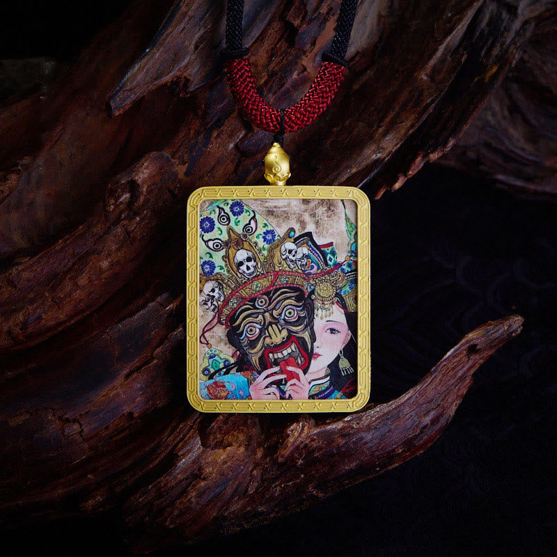 Buddhist Blessing Tibetan Zakiram Nine Tailed Fox Yellow God of Wealth Painted Thangka Hope Necklace Pendant