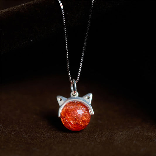 Buddhist Blessing 925 Sterling Silver Natural Gold Fireworks Super Seven Crystal Cat Necklace Pendant