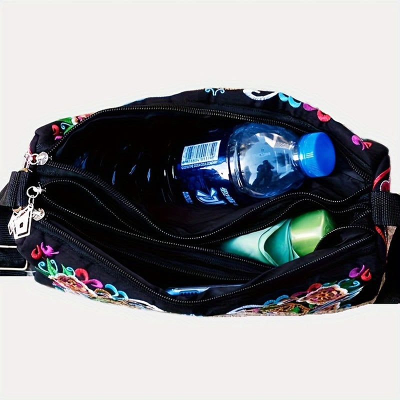 Buddhist Blessing Galsang Inula Flower Peony Peacock Double-Sided Embroidery Canvas Shopping Purse Handbag Crossbody Bag