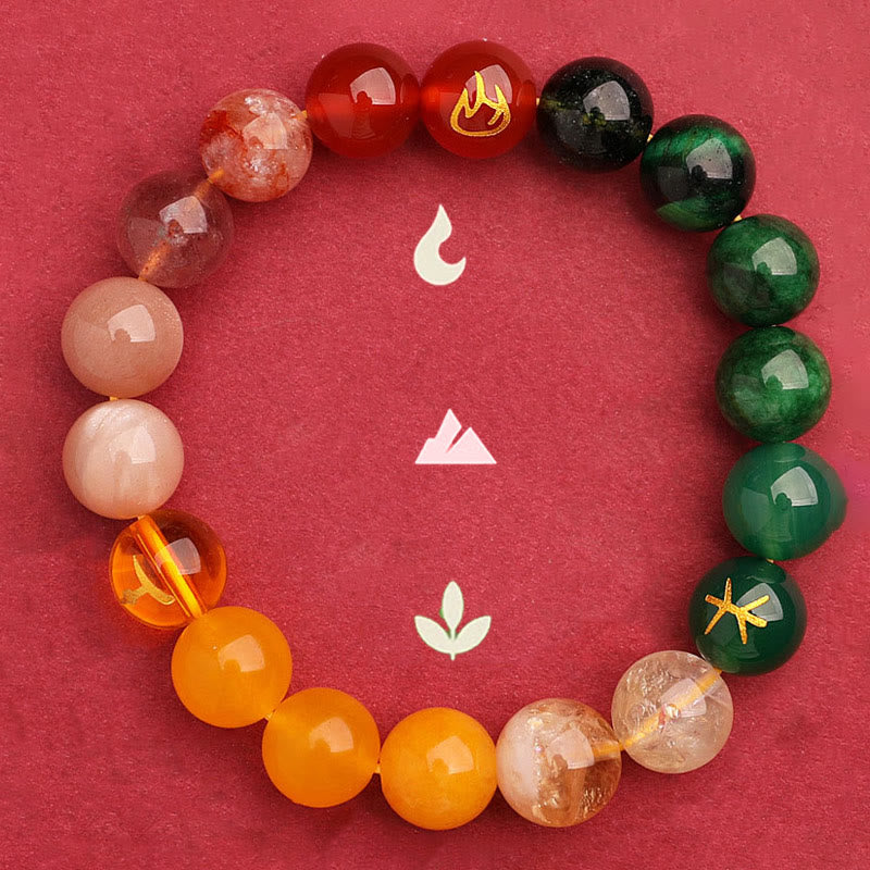Buddhist Blessing Five Elements Various Agate Crystal Green Strawberry Quartz Sun Stone Wealth Bracelet